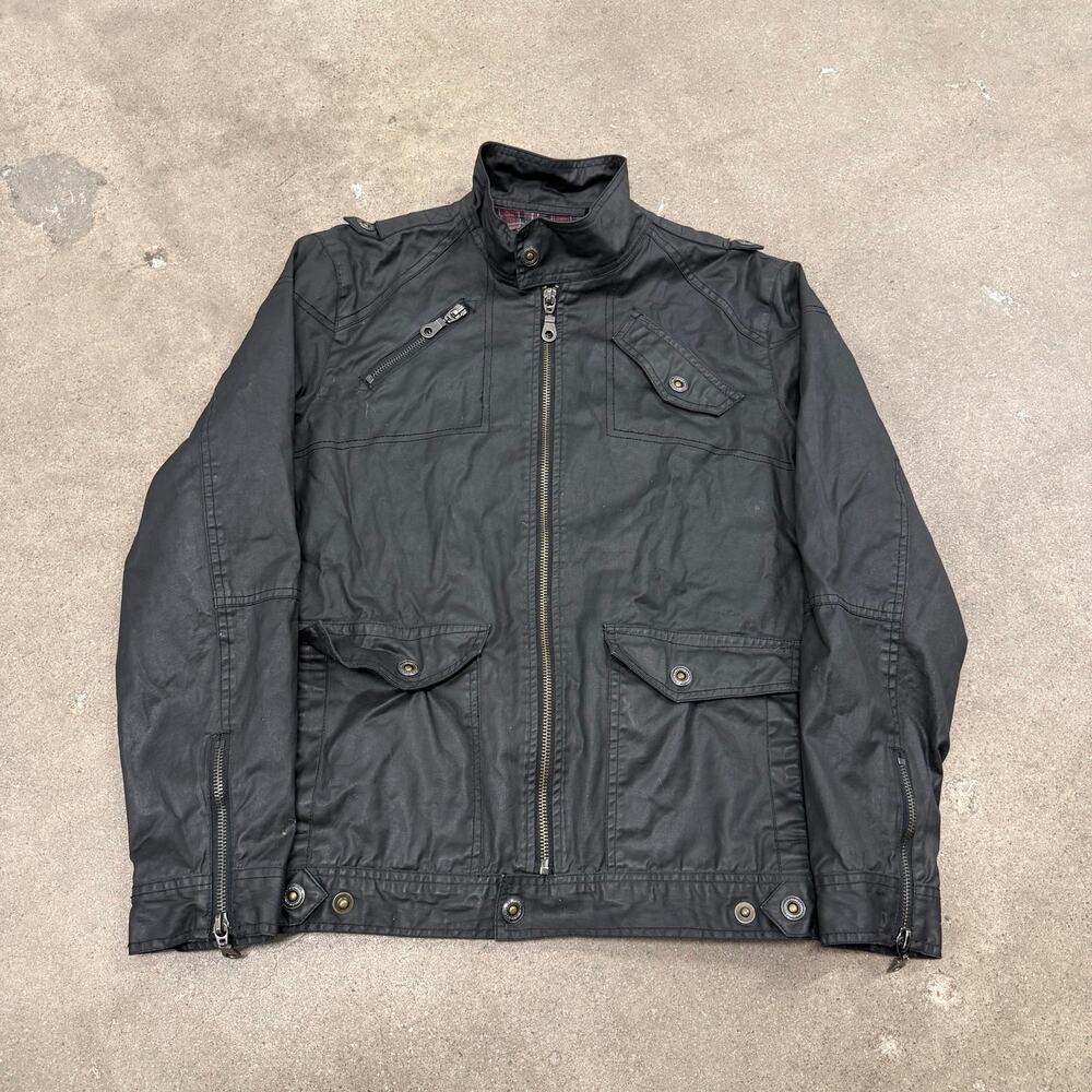Vintage Y2K Indigo Star Waxed Utility Full Zip Plaid Lined Jacket Grunge Medium